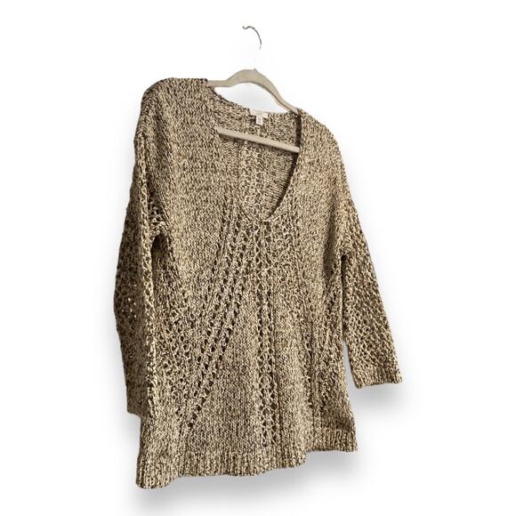 Womens J. Jill Marled Open Knit 3/4 Sleeve Cream Gold V Neck Sweater Size XS - Picture 3 of 16